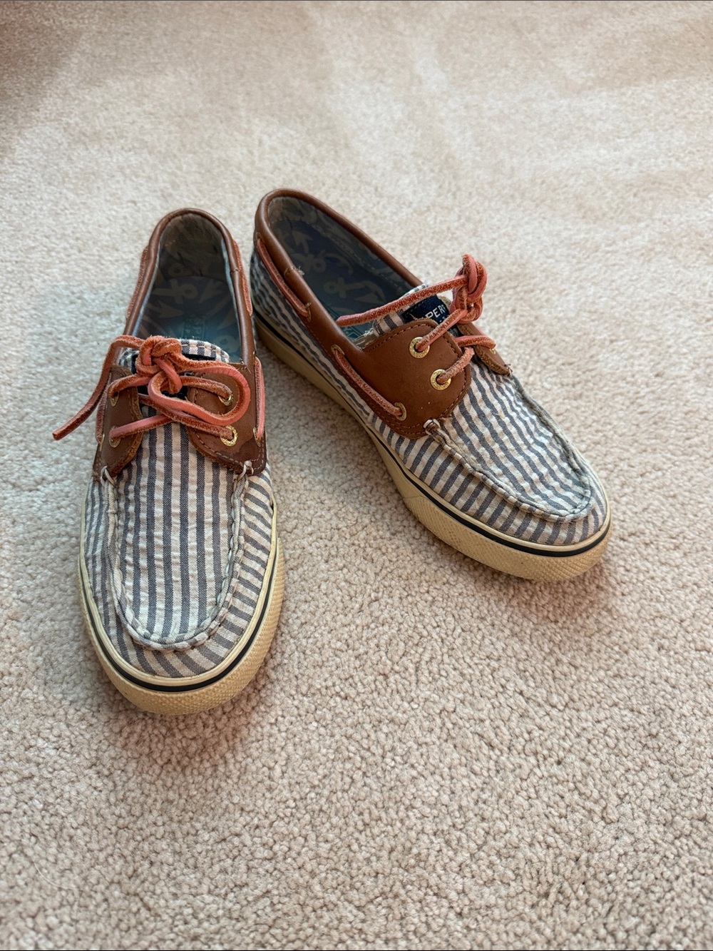 Sperry Woman’s Striped Canvas & Brown Leather Boat Shoes